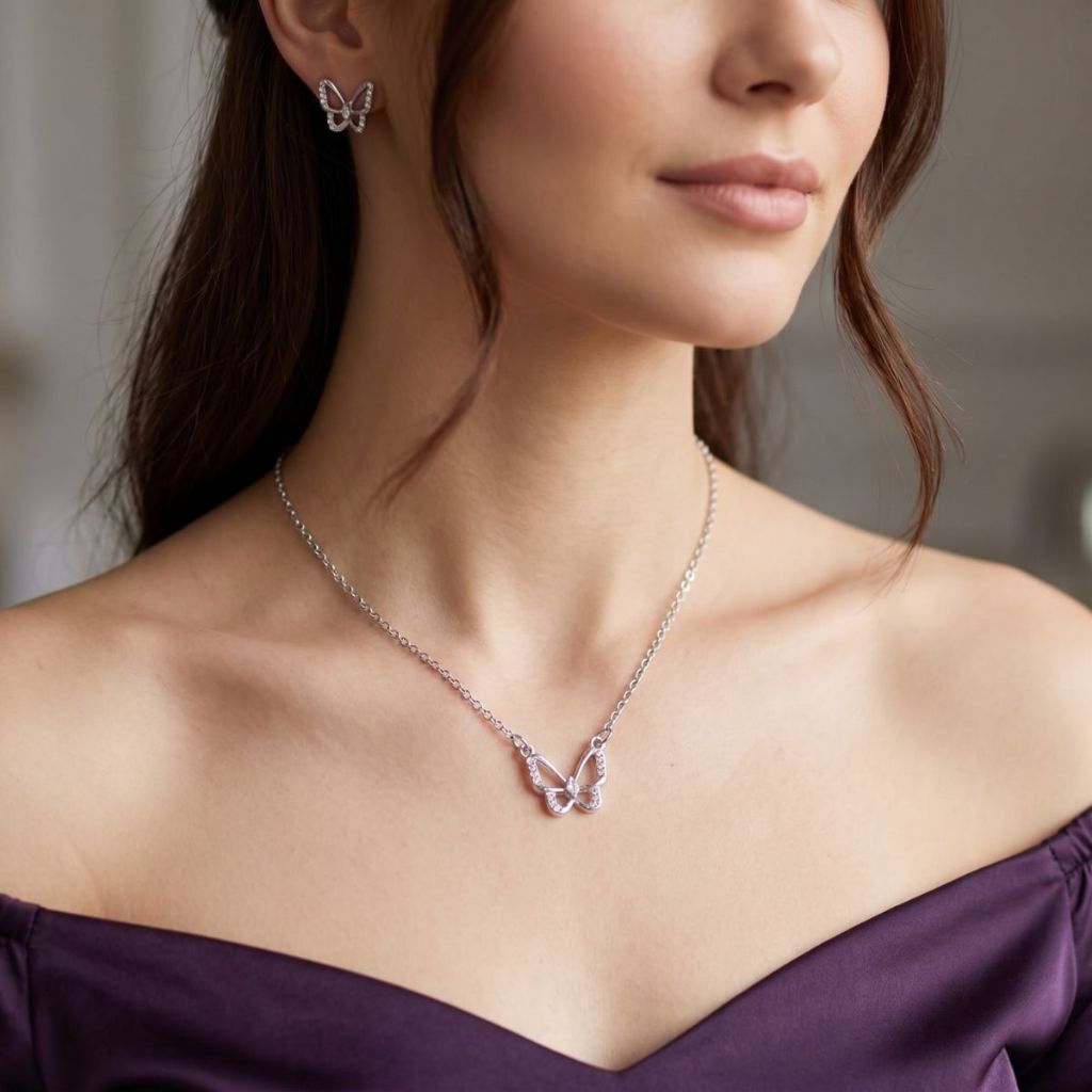 Colar Prata Feminino Pingente Borboleta Delicada Gargantilha Cravejada Zircônia Brilhante Luxo Envio Imediato Full