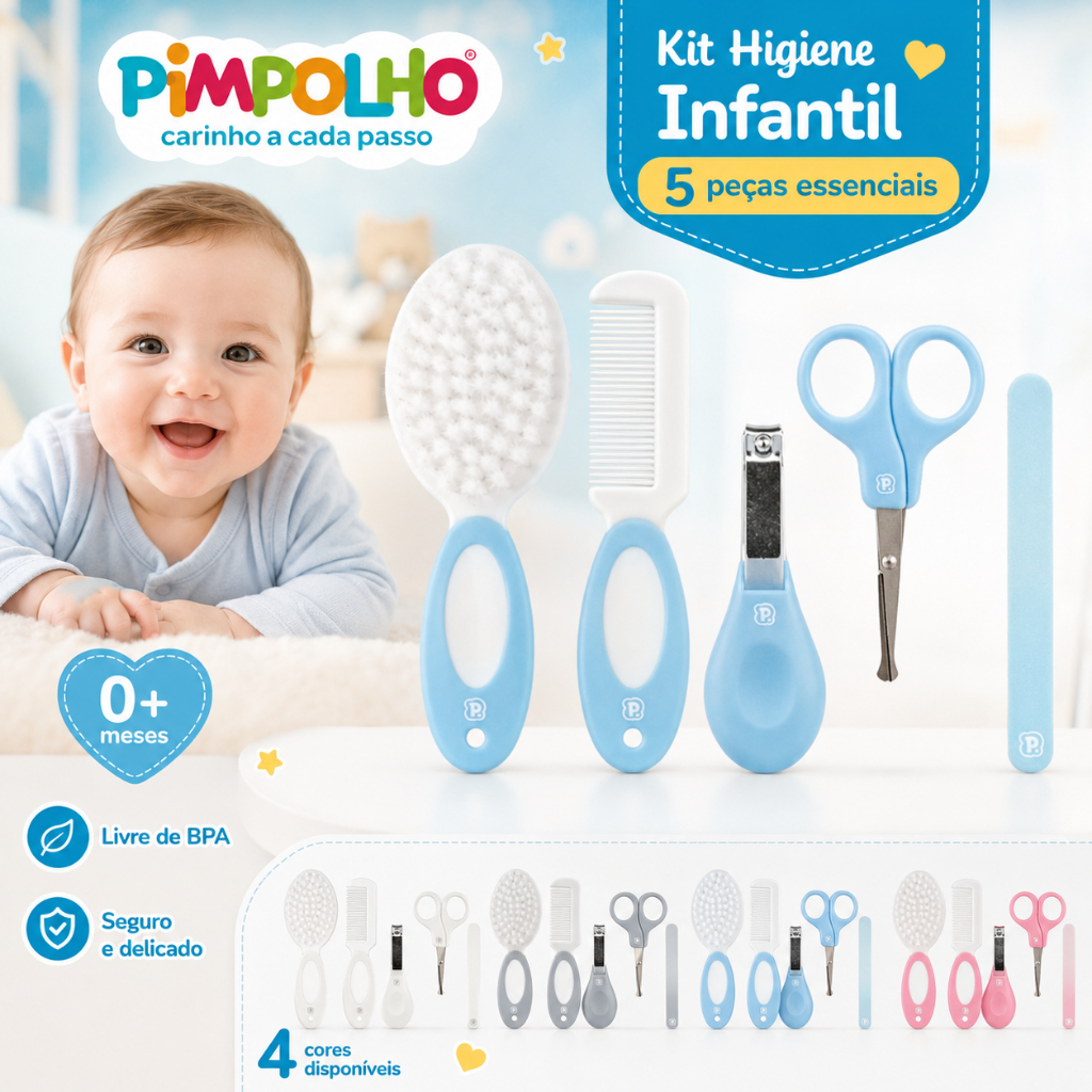 Kit Higiene Bebê Pimpolho 5 Peças Escova Pente Tesoura Cortador Lixa Infantil 0+ Meses