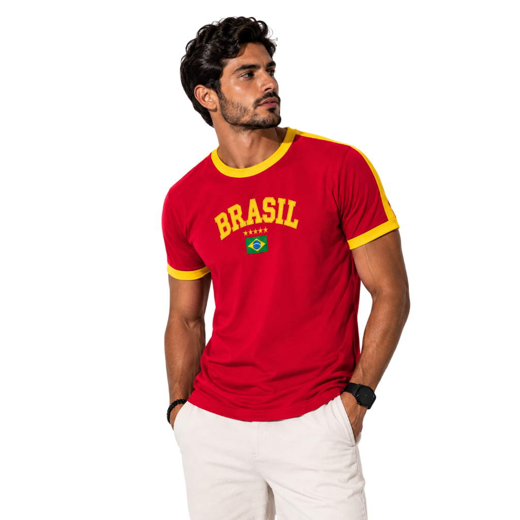 Blusa Bandeira Do Brasil Bordada Unissex - Vermelha