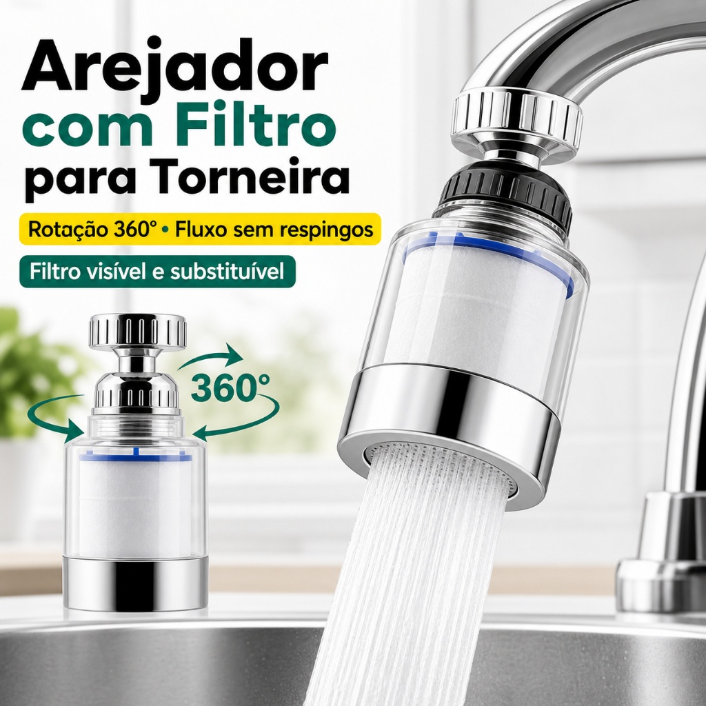 Filtro para Torneira 360° com Arejador Antirrespingo e Cartucho Visível Removível, Rosca 22 mm para Cozinha e Banheiro