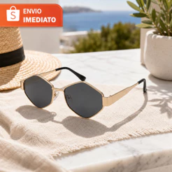 Óculos de Sol Feminino Hexagonal Retro Metal BLOGUEIRA + Case Rigido UV - 3 Cores