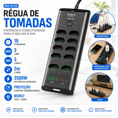 Régua de Tomadas 10 Saídas 3 USB 3 USB-C Filtro de Linha Extensão Elétrica 2 Metros Bivolt 2500W Casa Escritório