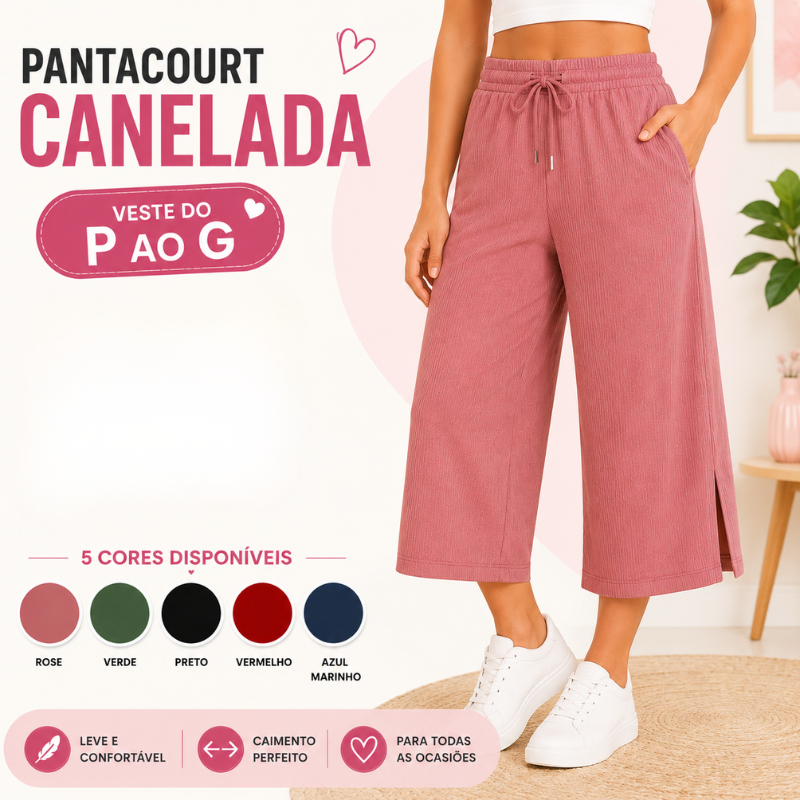 Pantacourt Feminina Canelada Pantalona Com Bolso Fenda Lateral Cintura Elástica P ao G |4229| Lançamento