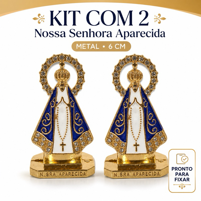 Kit 2 Imagens Nossa Senhora Aparecida Metal com Resplendor P/ Carro, Mesa, Escritório