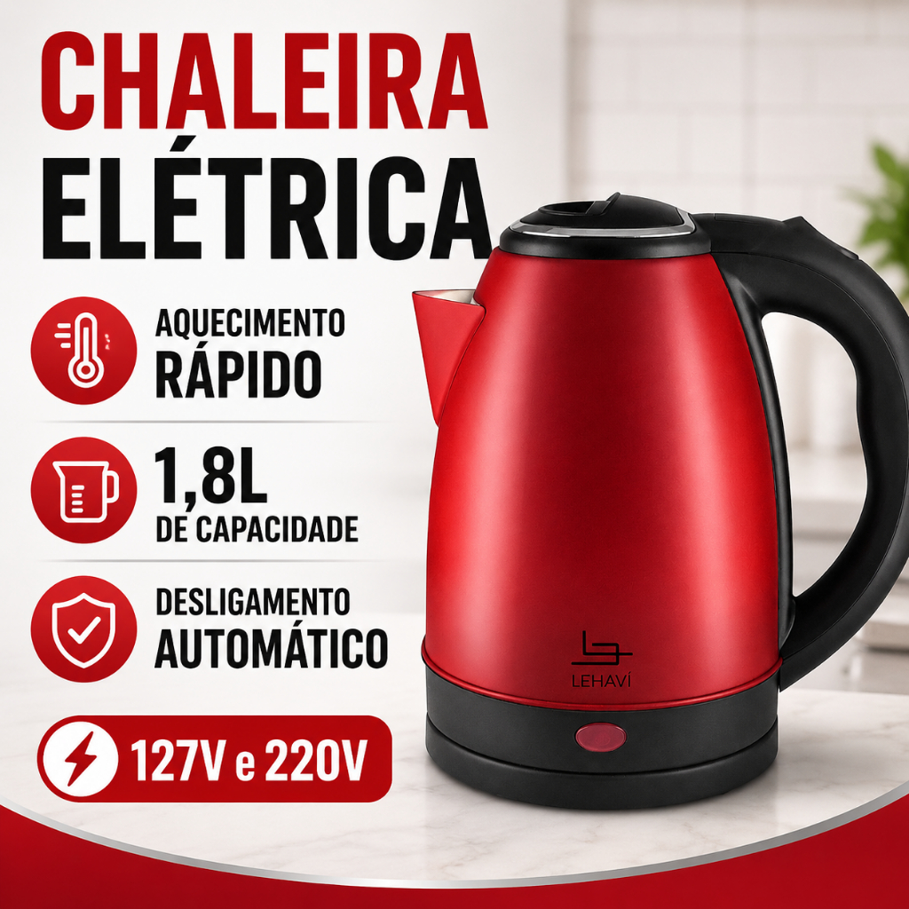 Chaleira Eletrica Inox Vermelha 1.8 Litros Capacidade Rapido Aquecimento 220v e 127