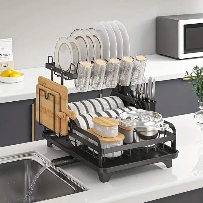 Escorredor de Louças Rack Aço Carbono Organizador Preto De Carbono Níveis E Ralo Ajustável