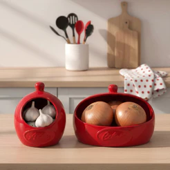 Potes de Alho e Cebola Vermelho em Cerâmica – Organização e Decoração de Cozinha