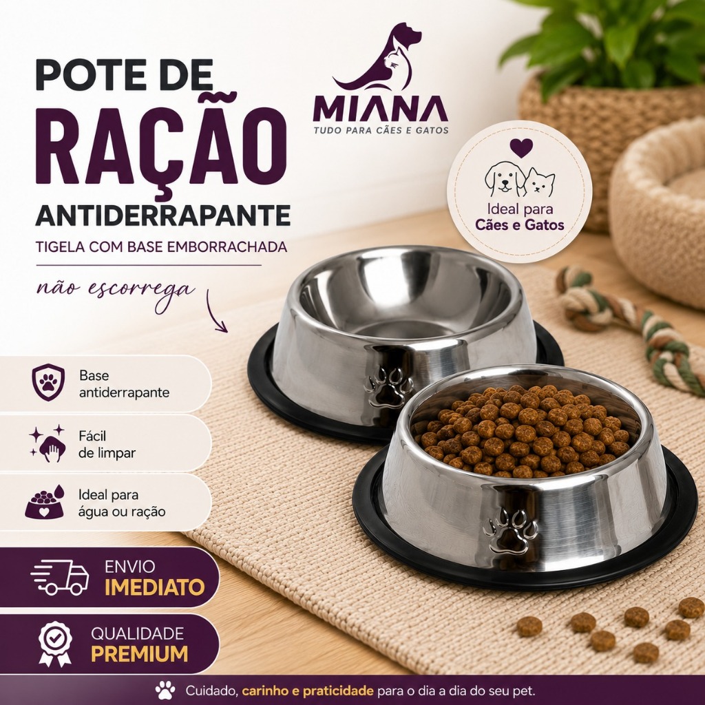 Kit 2 Pote de Ração Comedor Aço Inox com BASE DE BORRACHA Inox Cachorro Gato Pets Comedouro