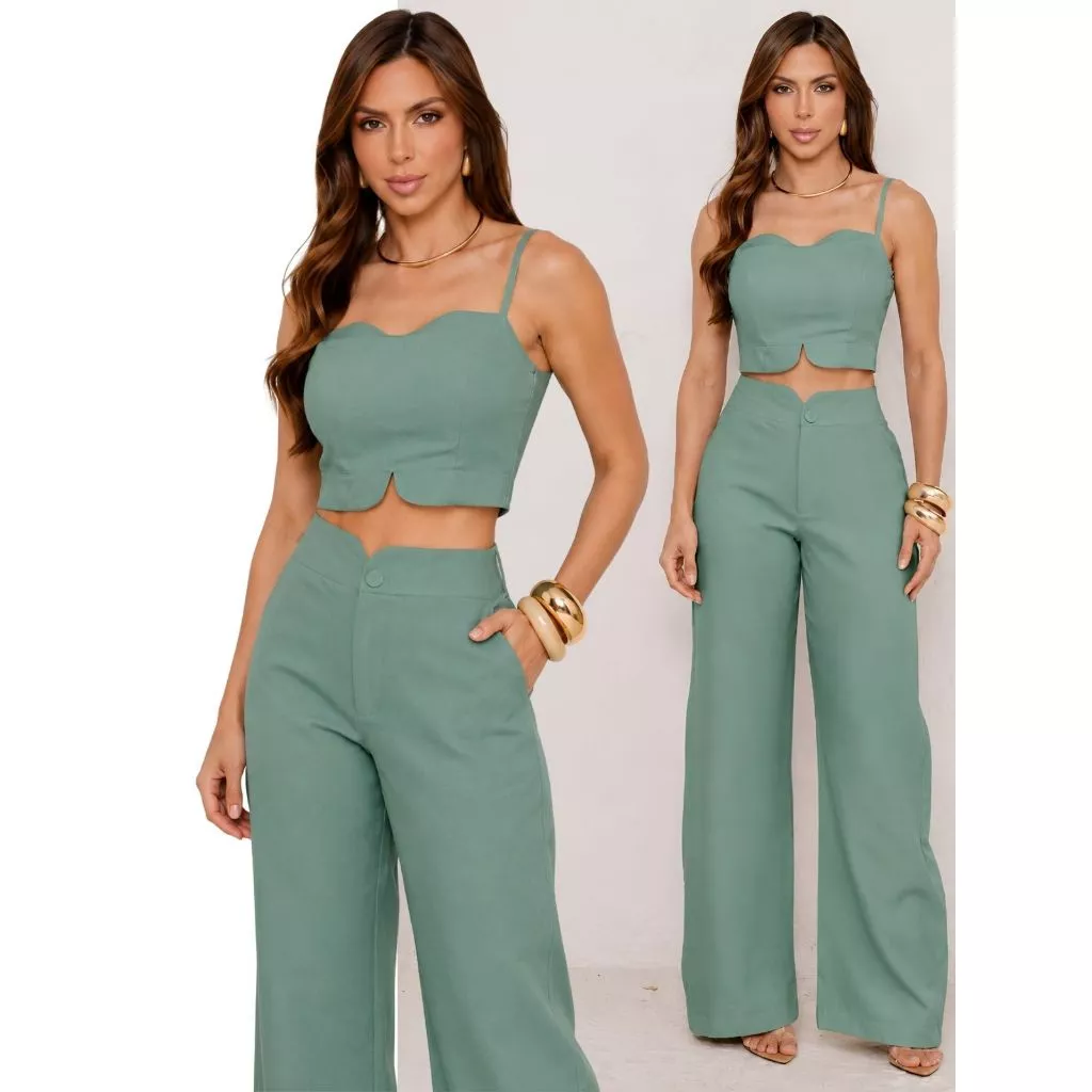 Conjunto Feminino Alfaiataria Cropped e Calça Pantalona Chique Elegante