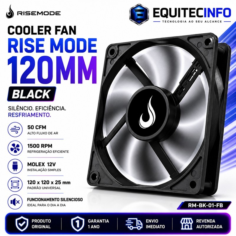 Cooler Fan Rise Mode 120mm Preto 1500RPM 50CFM Molex 12V RM-BK-01-FB Original