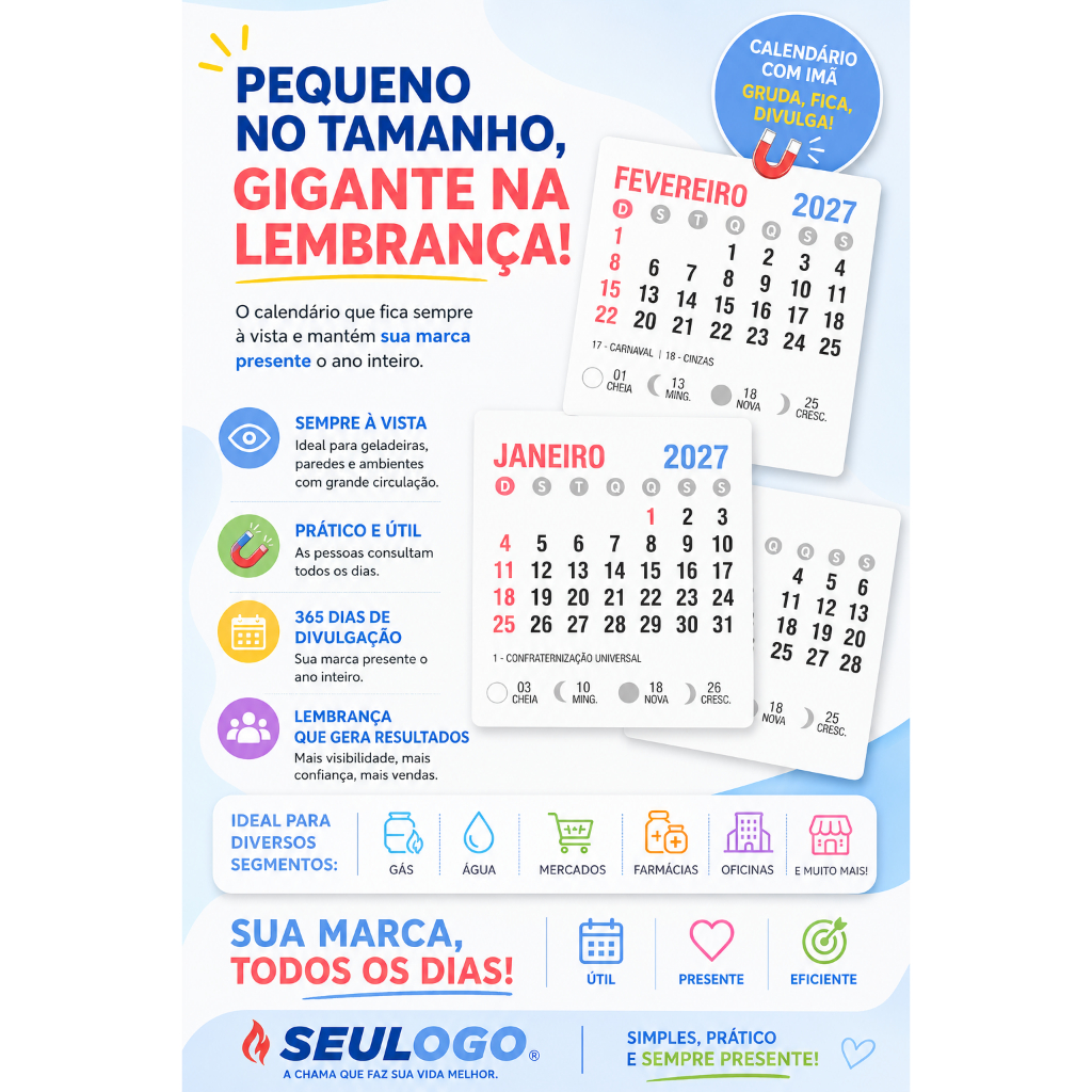 50 Mini calendários 2027 - Tam. 5 x 5 2027 - imã de geladeira brinde corporativo aniversário chá de bebe chá revelação