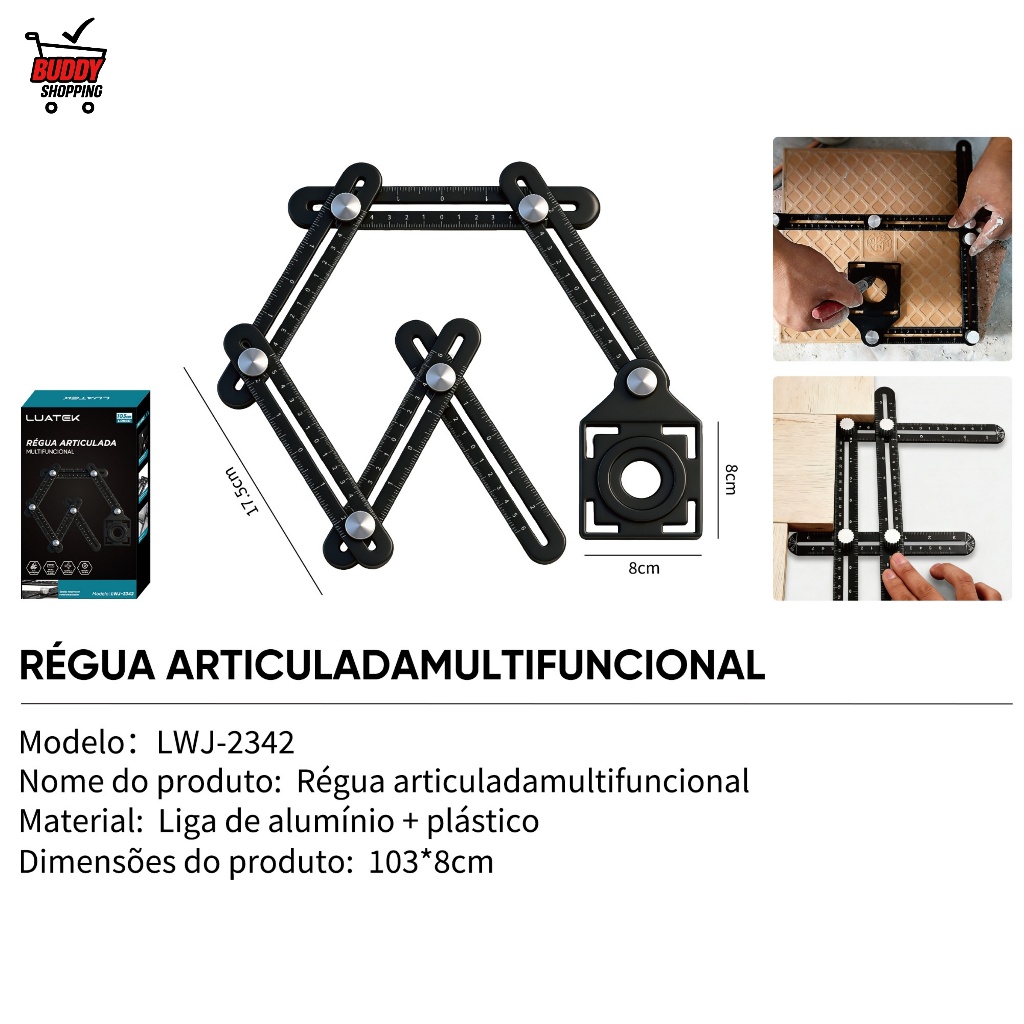 Régua Articulada Multiangular de Alumínio Gabarito de Furos para Azulejo Piso LWJ-2342