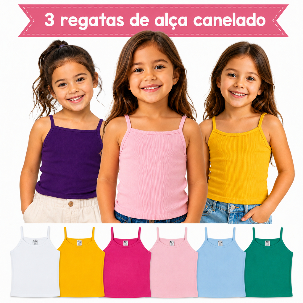 Kit 3 Camisetas Canelado Regata de alça Menina Roupa Infantil Algodão Feminino Tamanho 1 ao 10