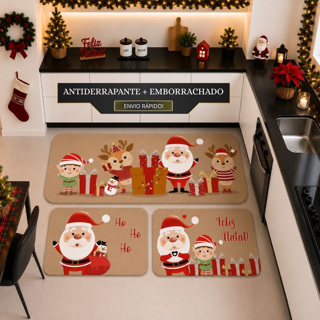 Kit com 3 Tapetes para Cozinha Decorativos Exclusivo Natalino Noel e Amigos
