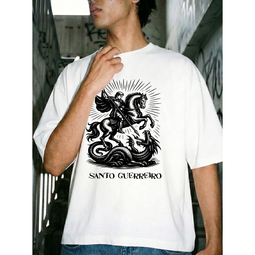 Camiseta Streetwear Oversized 100% Algodão Estampada "Santo Guerreiro"
