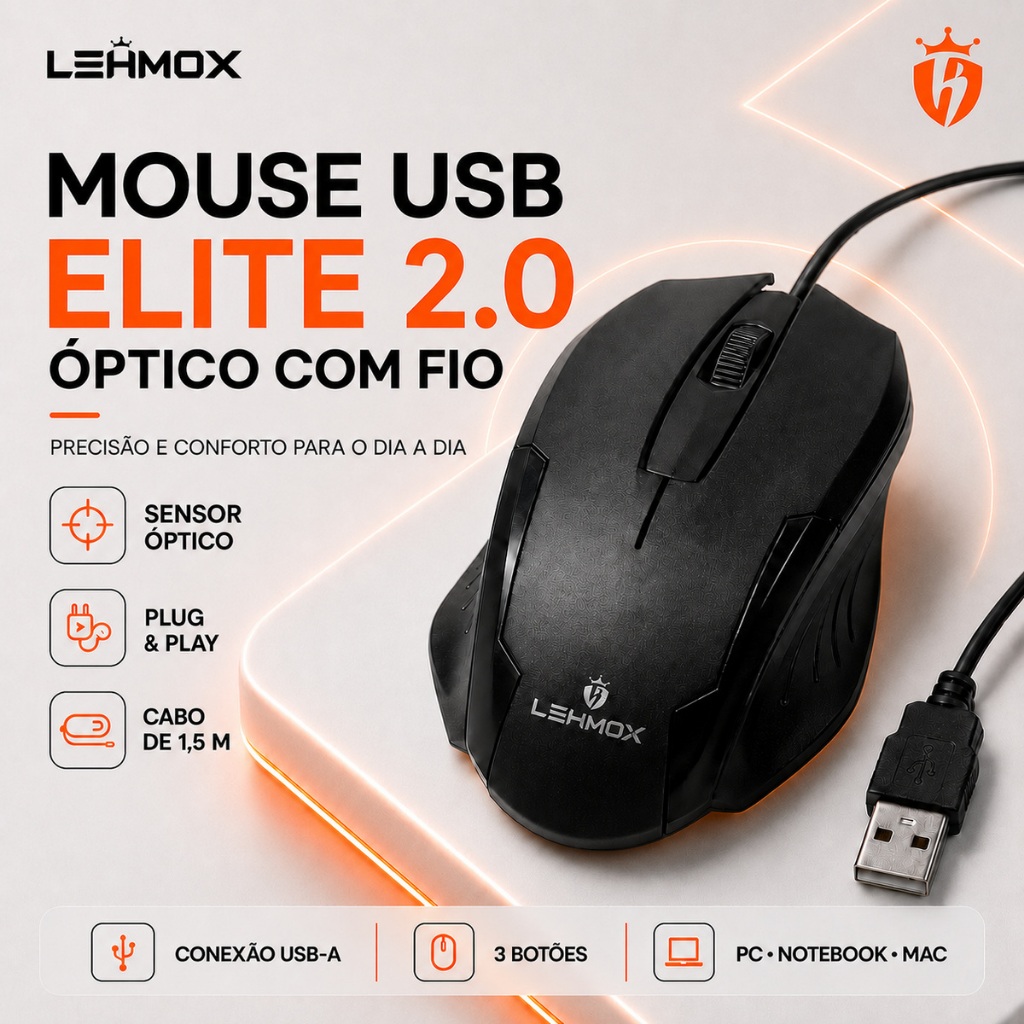 Mouse com Fio USB ELITE 2.0 Profissional Óptico 1000-1600 DPI | Para Computador PC Notebook MacBook iOS Windows Linux