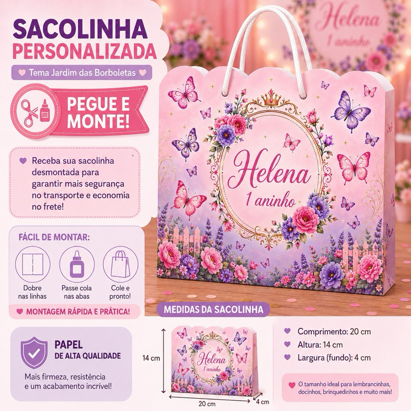 Sacola Personalizada Borboleta | Sacolinha Surpresa | Lembrancinha Festa Infantil Jardim Encantado