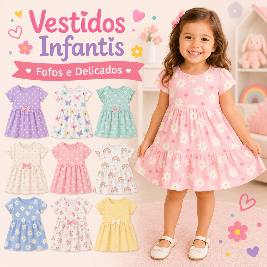 Kit 2 Vestidos Bebe Menina Verão Estampados Modelos Variados Fresquinhos e Delicados para Menina