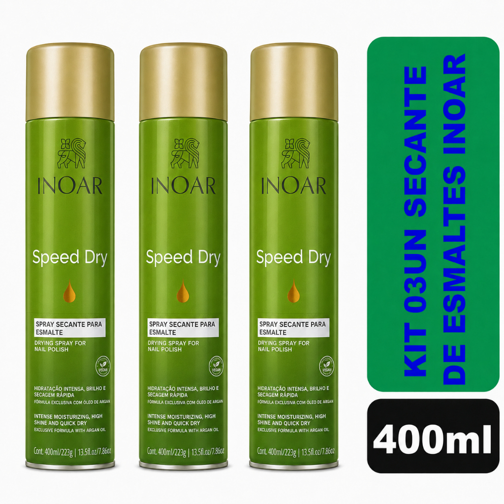 Kit 3 Spray Secante de Esmalte Inoar Speed Dry 400ml com Óleo de Argan Secagem Rápida