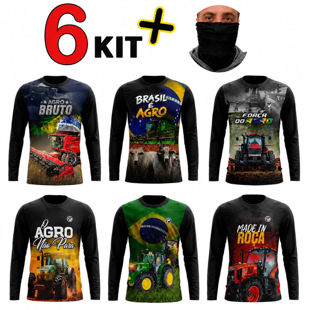 KIT 6 Agro Camiseta + Bandana UV Manga Longa Masculina Camiseta Fazenda Bruto Camisa Dryfit Trator