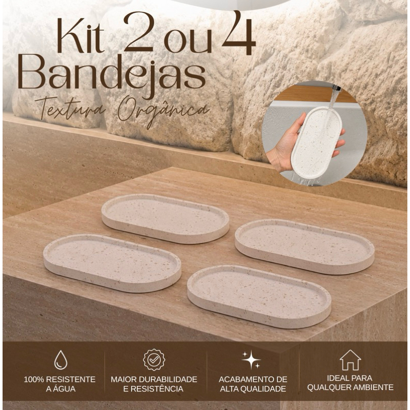 Conjunto 2 ou 4 Bandejas Ovais Decorativas Organizadoras de Cimento Branco Artesanal Resistente à água