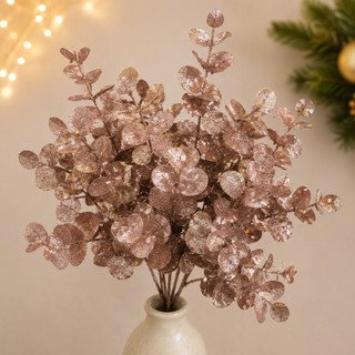 Galho Médio com Folhas Rose Gold Glitter 38cm Cromus Decoração Natalina