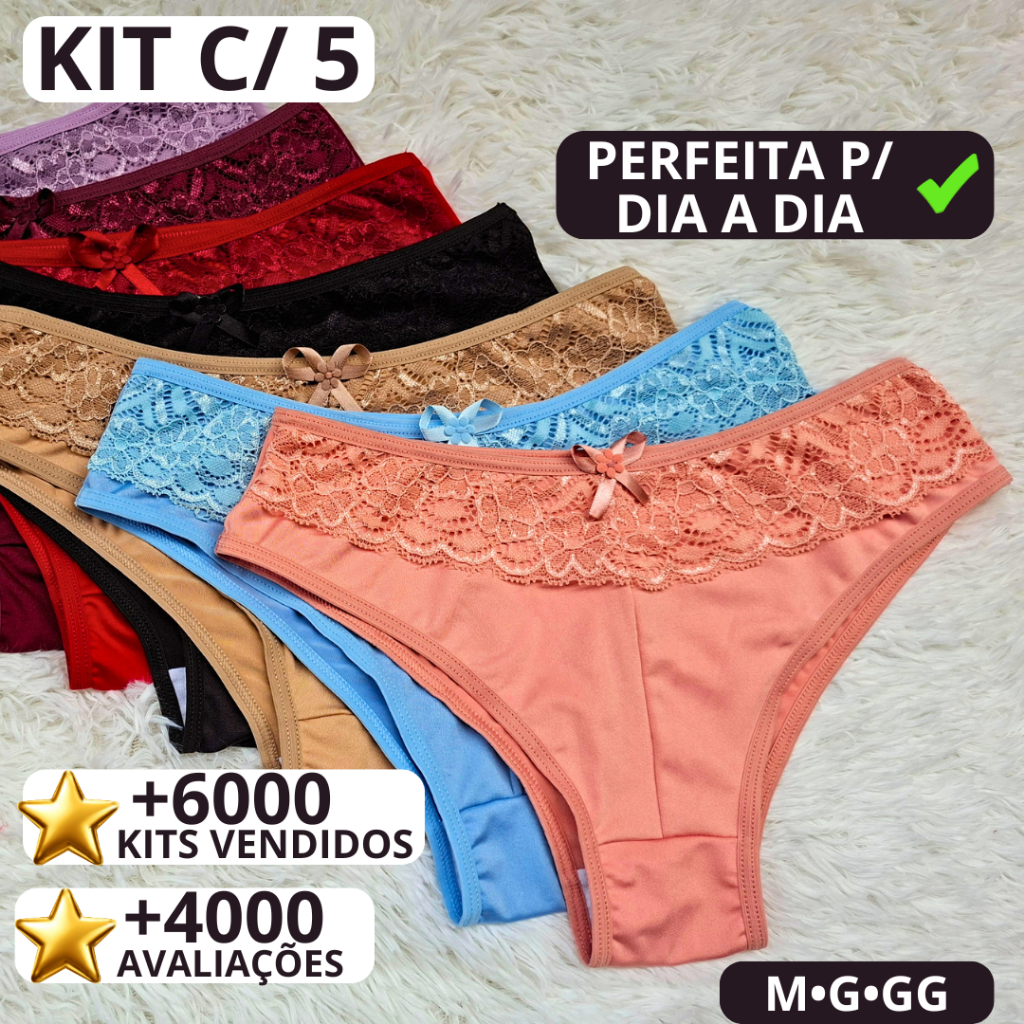 Kit 5 Calcinhas Femininas com Renda M ao GG Alta Qualidade