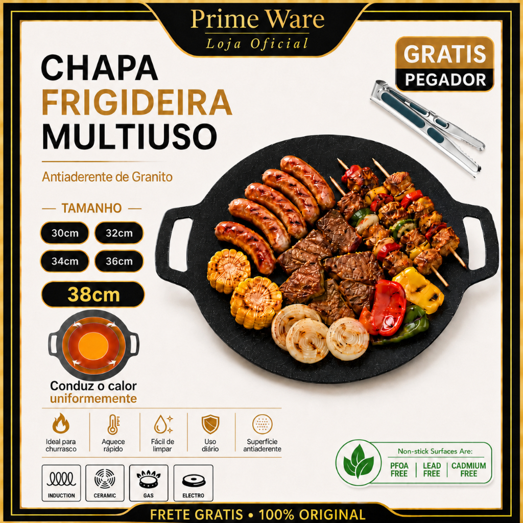 Frigideira Grill Antiaderente Redonda Para Churrasco - Pegador Grátis