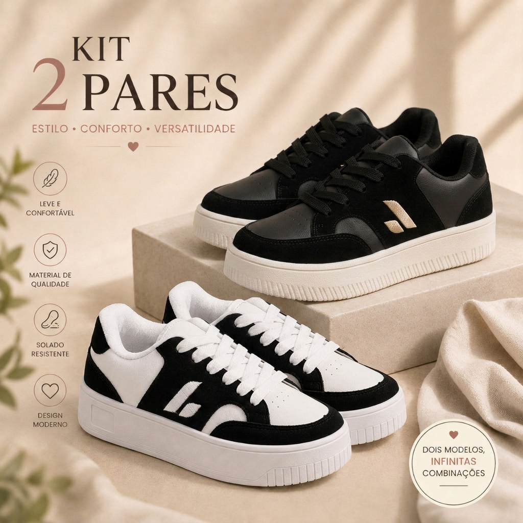 Kit 2 Pares Tênis Feminino Casual Estiloso Sneaker Minimalista Promoção Lançamento  Envio Imediato