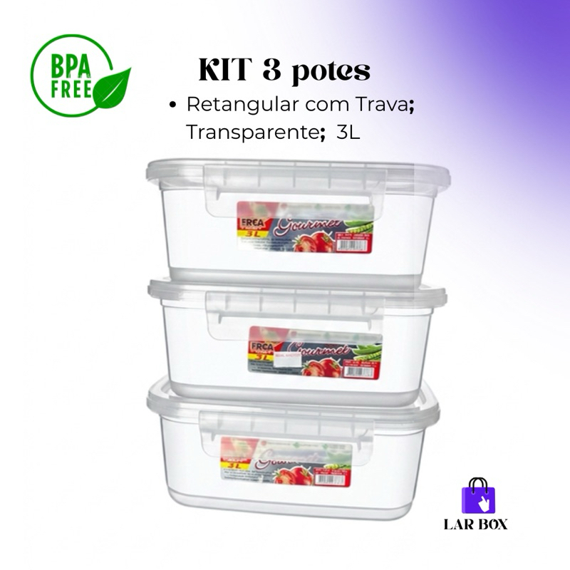 Kit 3 Potes Plásticos Retangulares 3L com Trava | BPA Free | Transparentes | Organizador Multiuso para Alimentos
