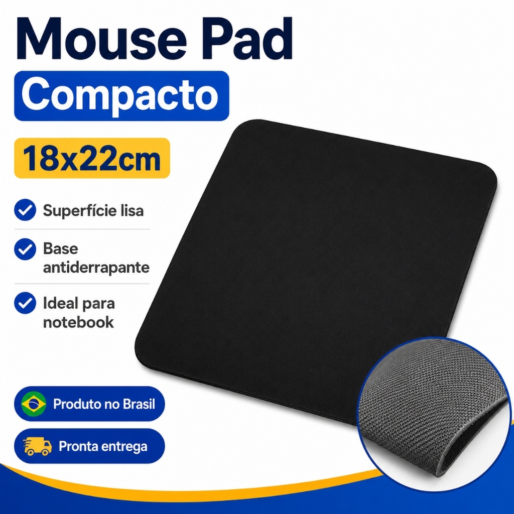 Mouse Pad Preto Compacto 18x22cm Base Antiderrapante Para PC e Notebook