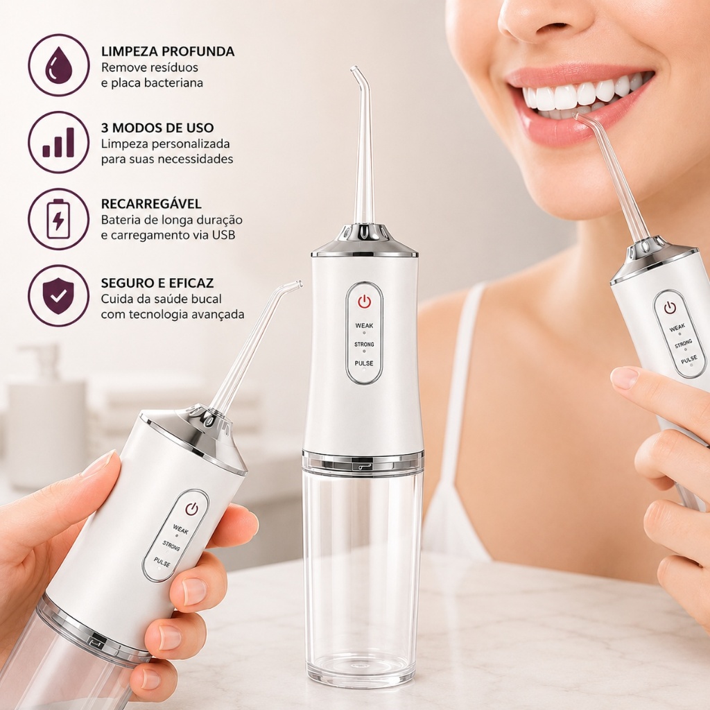 Irrigador Bucal Portátil Branco Jato D`água, Recarregável USB 220ml, para Limpeza Diária Eficiente