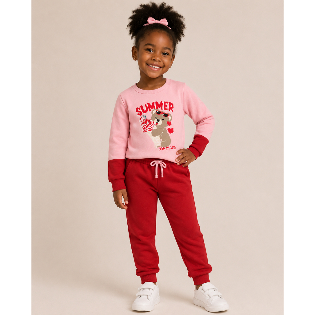 Conjunto de Inverno Menina Summer Ursinho Infantil Moletom Flanelado Calça Quentinha