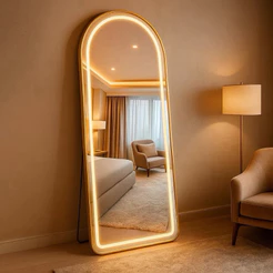 Espelho temperado Madri Base Reta 170X70 com Suporte de Chão + LED 3 Intensidades Jateado Quarto Sala