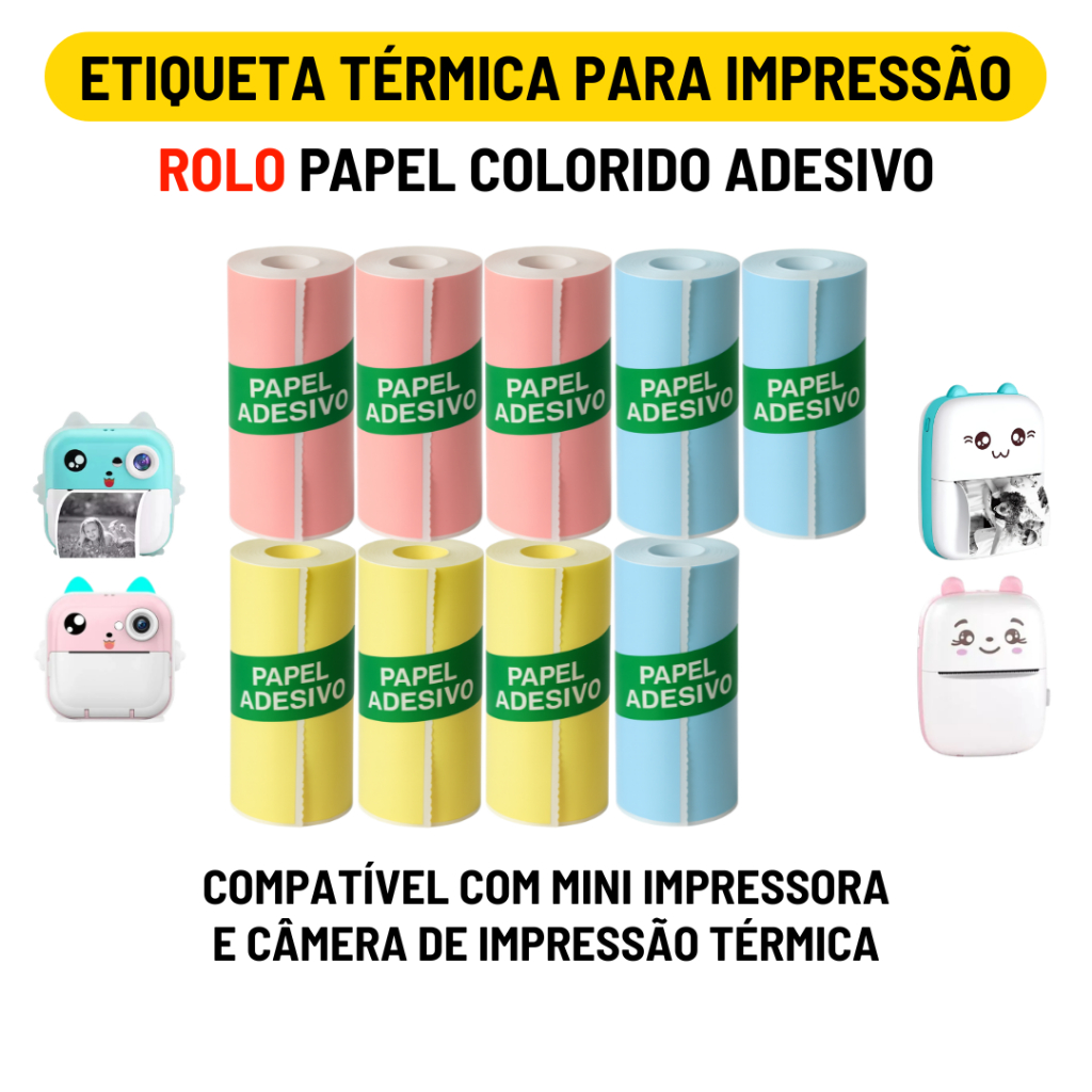 Rolo Etiqueta Térmica Adesiva Colorida 57mm Refil Bobina Para Mini Impressora Portátil e Maquina Fotográfica