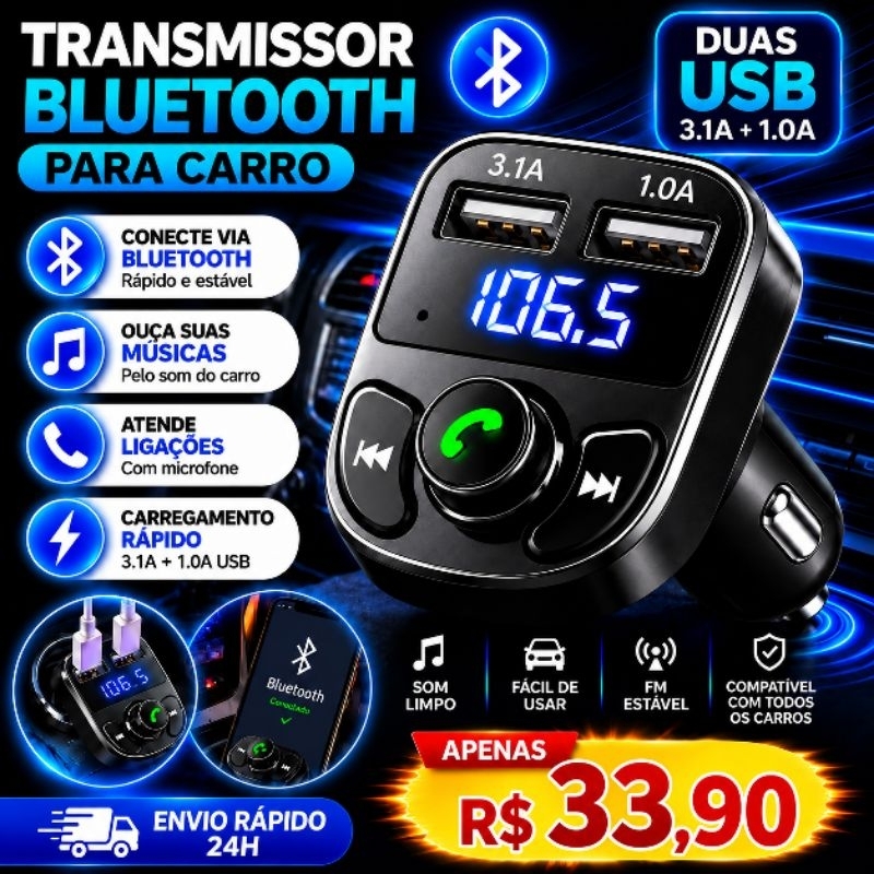 Bluetooth Veicular FM Carregador USB Som Automotivo Universal - Postagem em 24 horas ✅