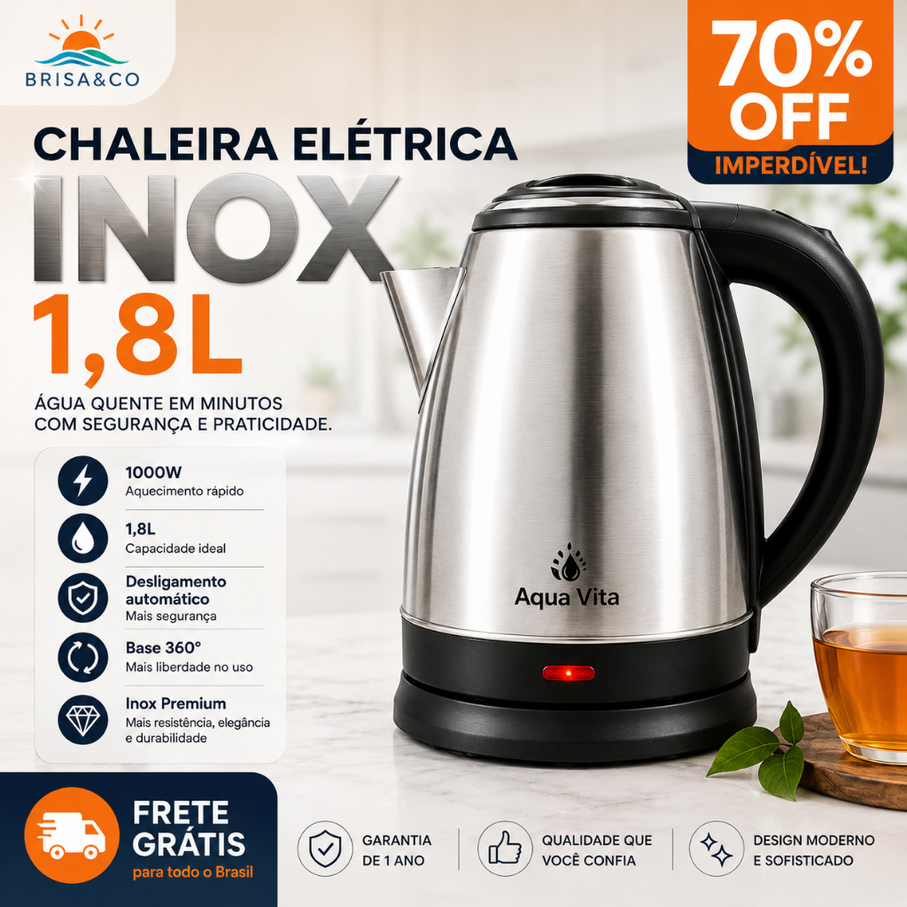 Chaleira Elétrica Inox 1,8L 1000W 127V Aquecimento rápido e desligamento automático - 360°