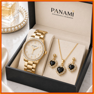 Kit Relógio Feminino com Colar e Brinco Coração Dourado Cravejado Conjunto de Acessórios Femininos Luxo