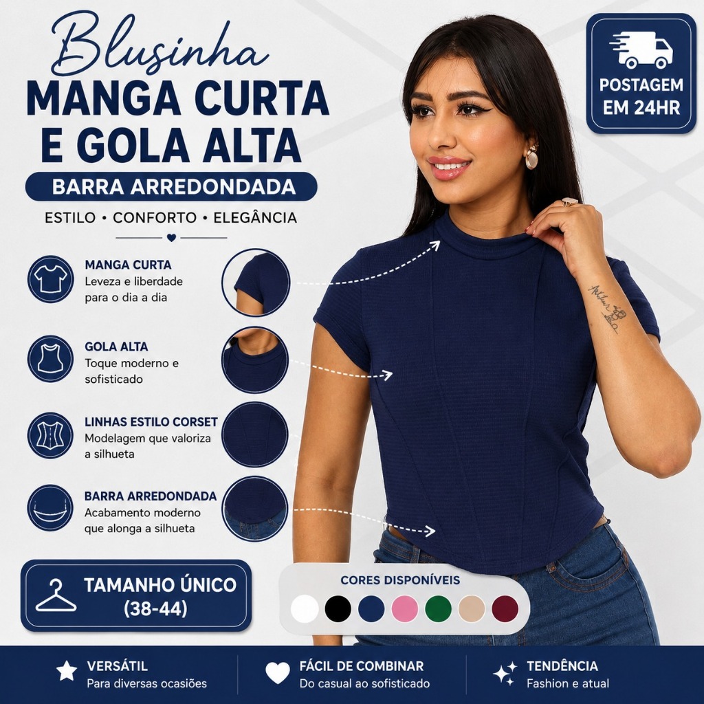 Cropped Feminino Manga Curta Cropped com gola Alta Canelado Premium Barra Arredondada Inverno