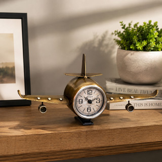 Relógio de Mesa Avião Decorativo em Ferro Vintage Visor Analógico Silencioso Enfeite Escritório