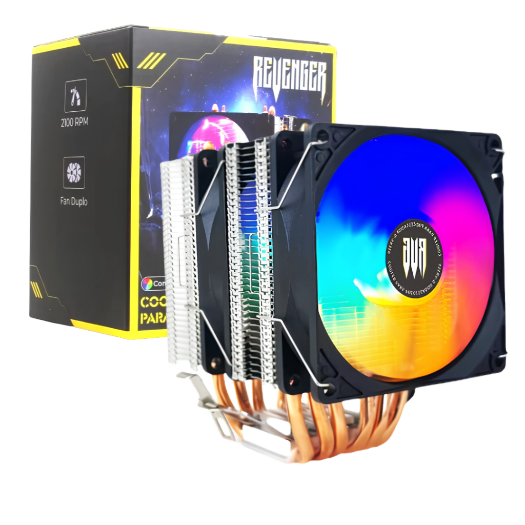 Cooler RGB Duplo Fan Processador Intel AMD RGB 2100RPM 4 Pinos 170W 3000Horas Rolamento Hidráulico