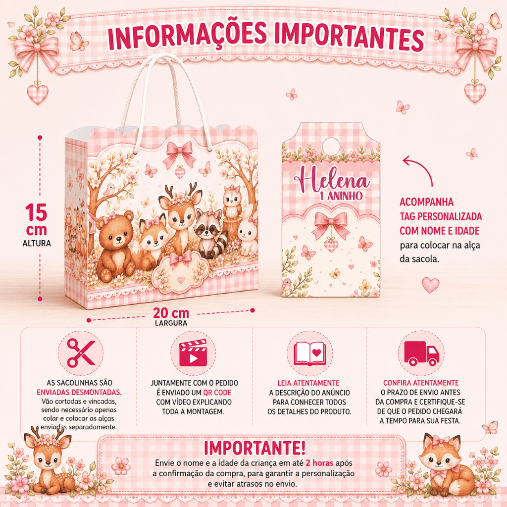 Sacolinhas Bosque Encantado Menina Personalizada Lembrancinhas Bosque Menina Lembrancinha de Aniversário Bosque