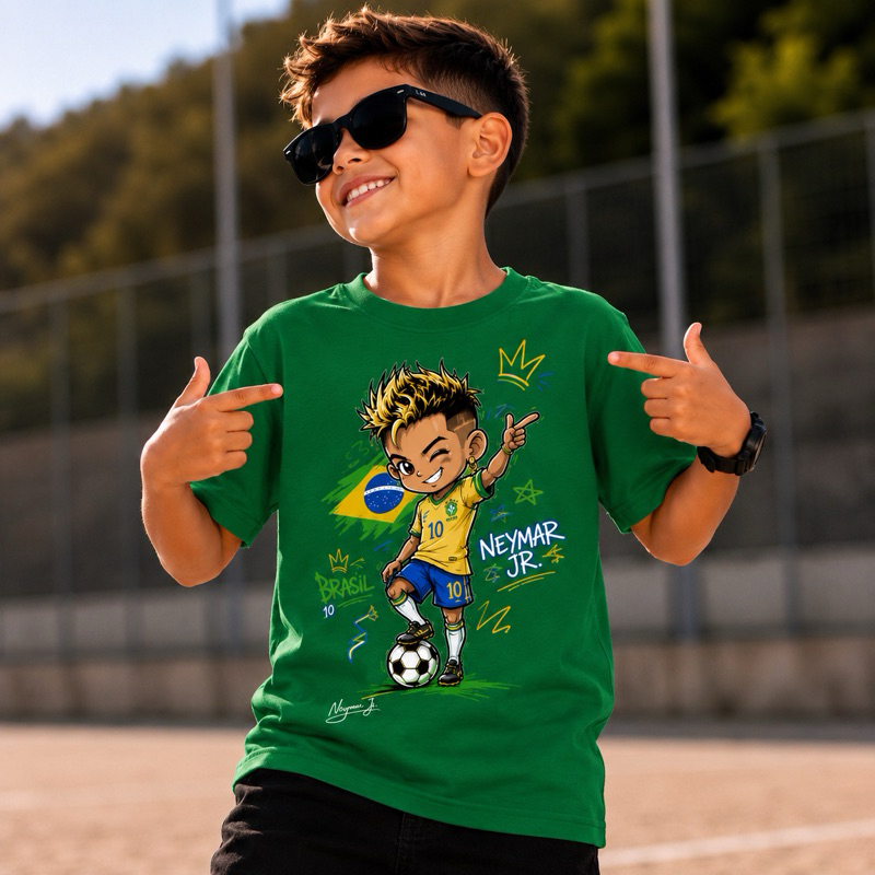 Camiseta Infantil Unissex Algodão Premium Estampada Neymar Brasil Moderna Confortável Costura Resistente Frete Grátis