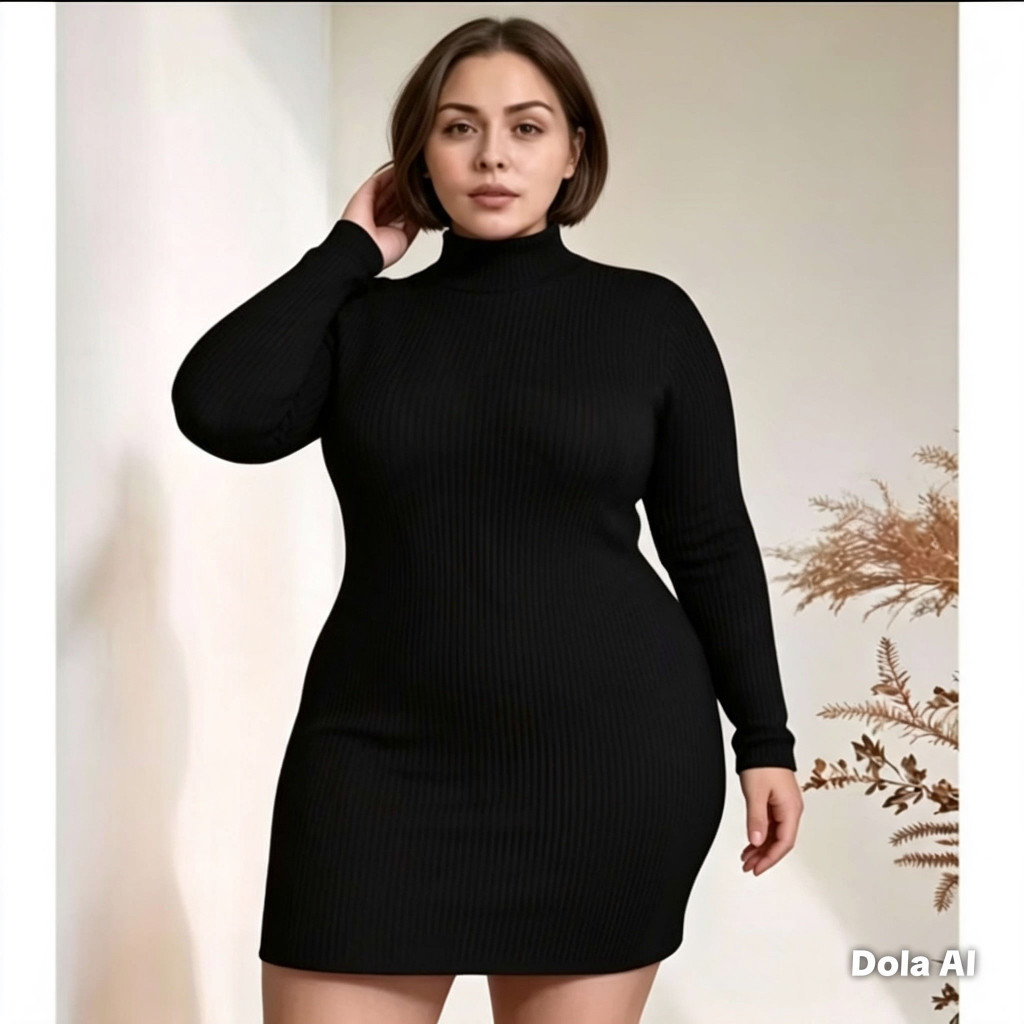Vestido Manga Comprida Plus Size Canelado Gola Alta  Inverno Elegante Confortável Curvas Perfeitas (Veste 46 ao 52)