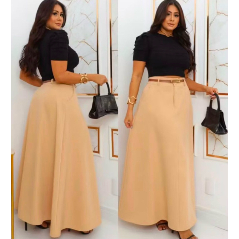 SAIA LONGA RODADA FEMININA ALFAIATARIA MODA EVANGÉLICA CASUAL BÁSICA CINTURA ALTA ELEGANTE TENDÊNCIA