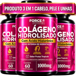 3 COLÁGENO HIDROLISADO + ÁCIDO HIALURÔNICO 3 em 1 Cabelo Pele e Unhas 1000mg - KIT PARA 03 MESES