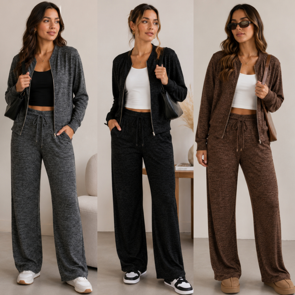 Conjunto Feminino Elegante De Malha Canelada Blusa Ziper E Calça Pantalona Casual e Social Trabalho Frio Inverno Moda