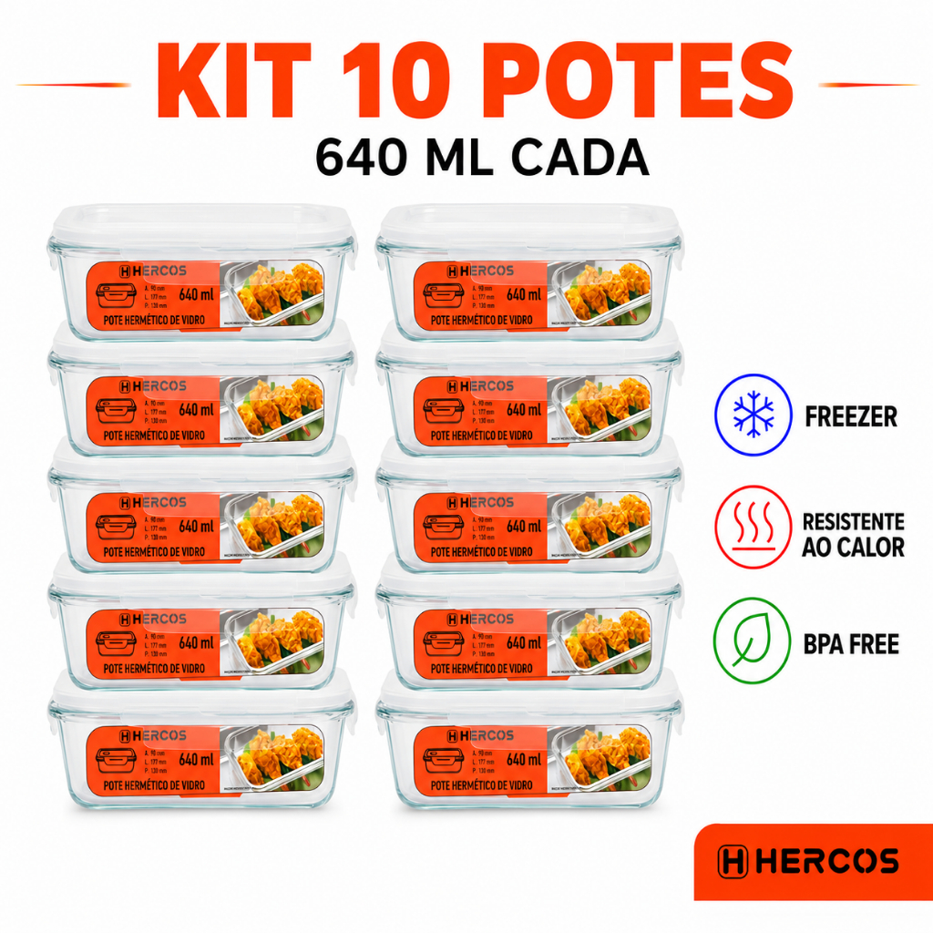 Potes Hermético Vidro Tampa 4 Travas 640ml Retangular Forno Freezer Marmita Fitness