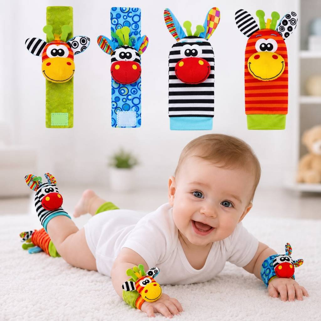 Kit 4/2 Meias e Pulseiras Animais com Chocalho Sensorial Bebê Brinquedo Pelúcia Montessori Infantil