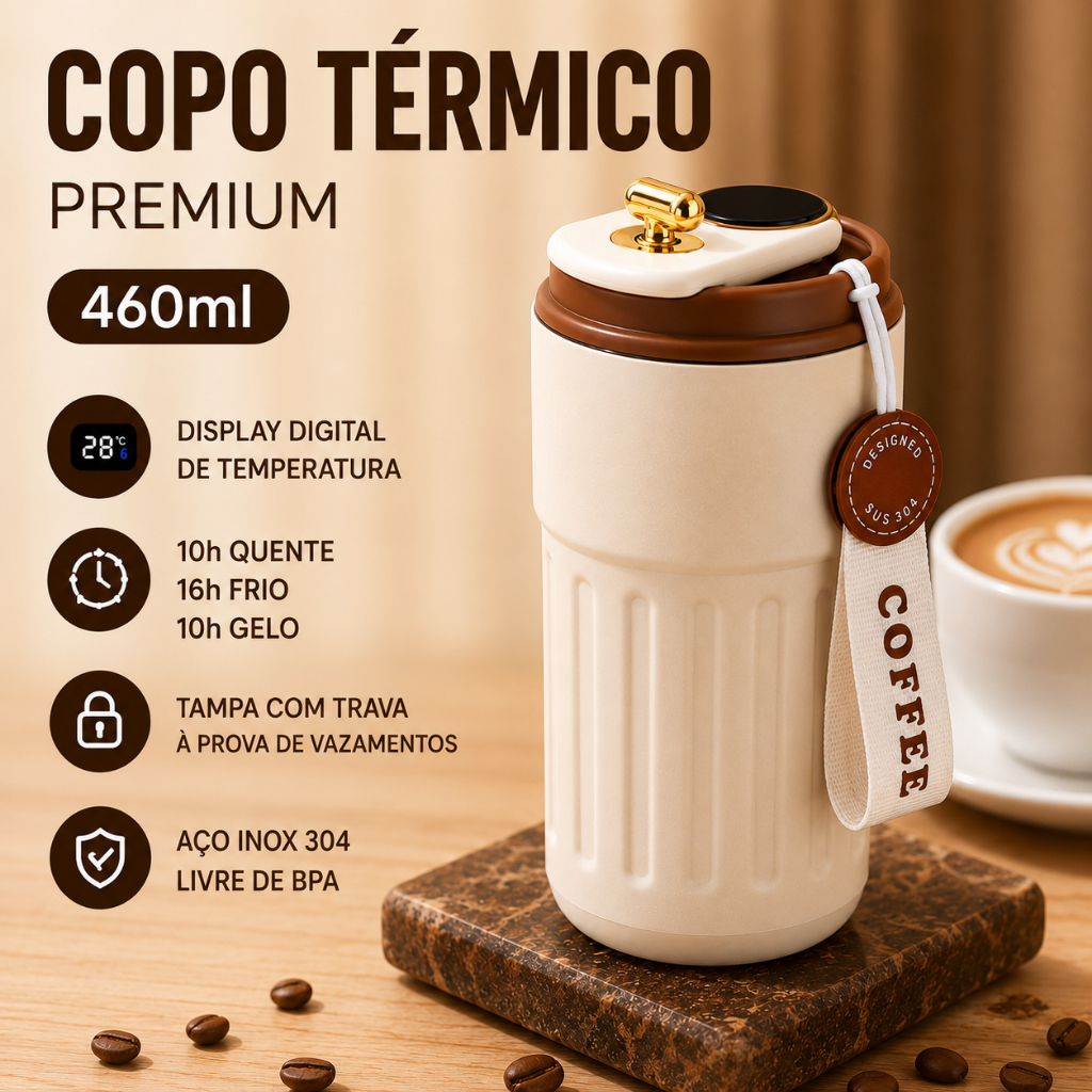 Copo Térmico 460ml com Display Digital de Temperatura Aço Inox 304 Tampa com Trava Garrafa Térmica Portátil
